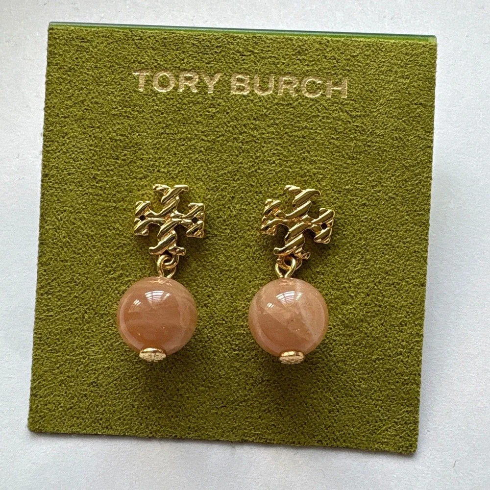 Tory Burch Roxanne Pink Stone Drop Dangle Earrings Gold Tone New